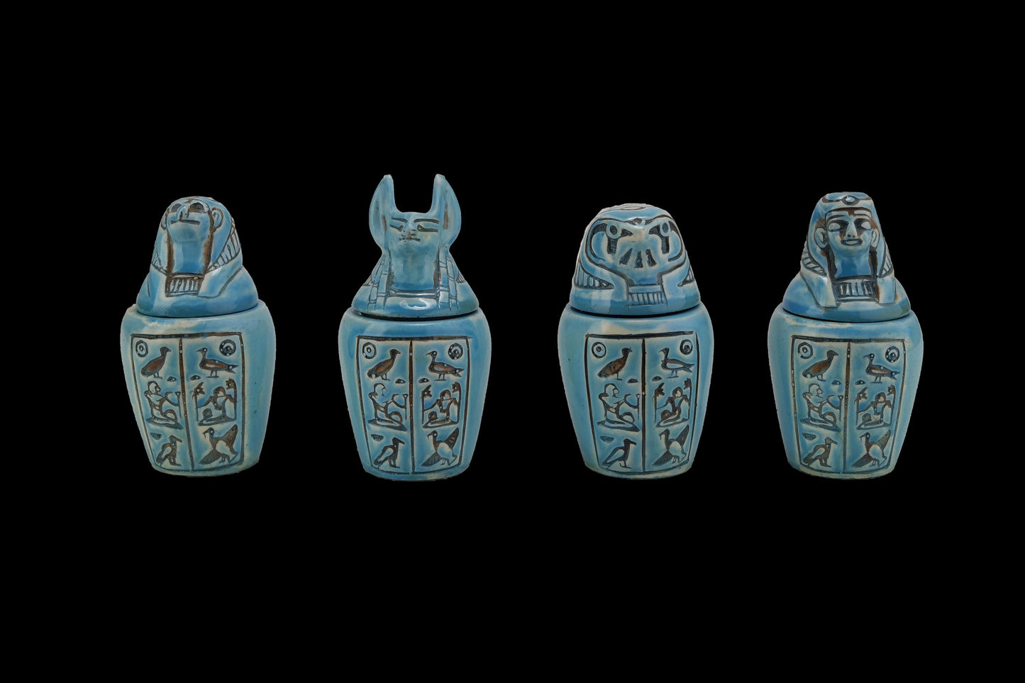 Unique Canopic Jars blue Hieroglyph set four Egyptian Art faience stone made in Egypt