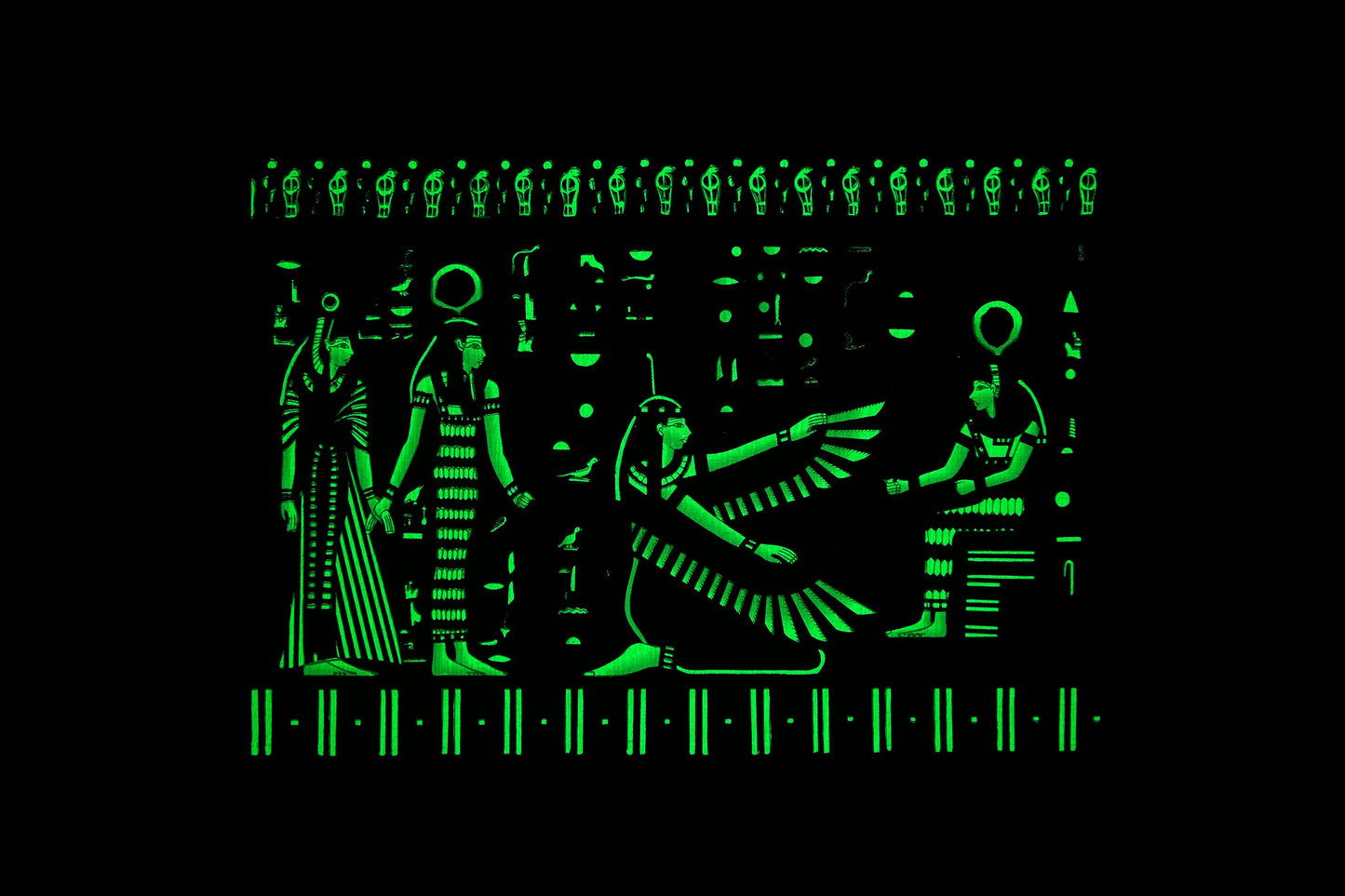 Ancient Egyptian papyrus of Isis, Ma’at and Queen Nefertari Glow in the dark made in Egypt with Authentic papyrus Leaves.