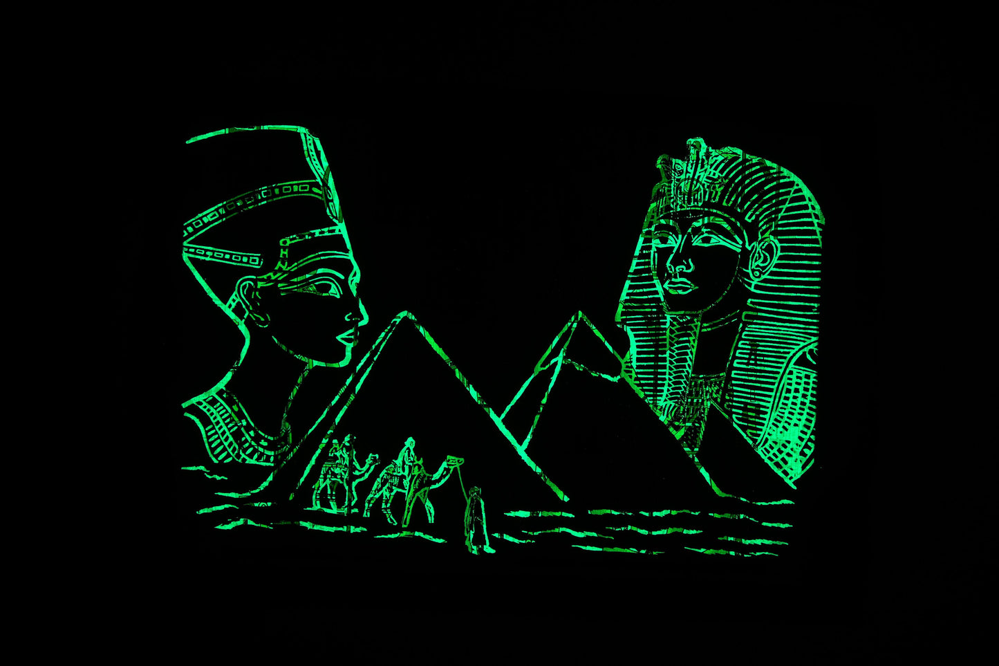 Glow in the Dark pharaoh Ramses II making offerings to Goddess Isis & Horus papyrus