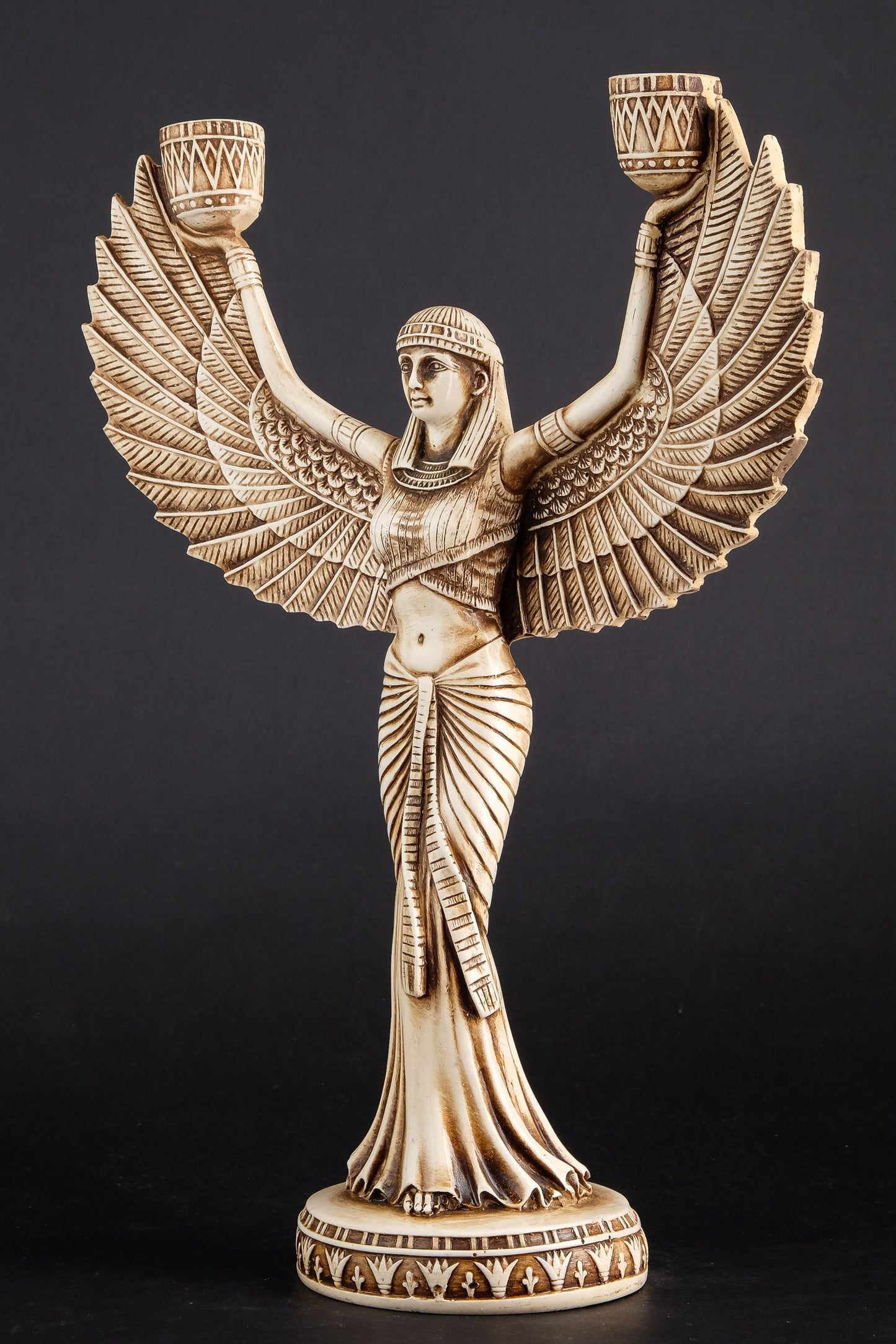 Statue of Isis Wings candlestick holder Large poly stone ancient Egypt altar made in Egypt.