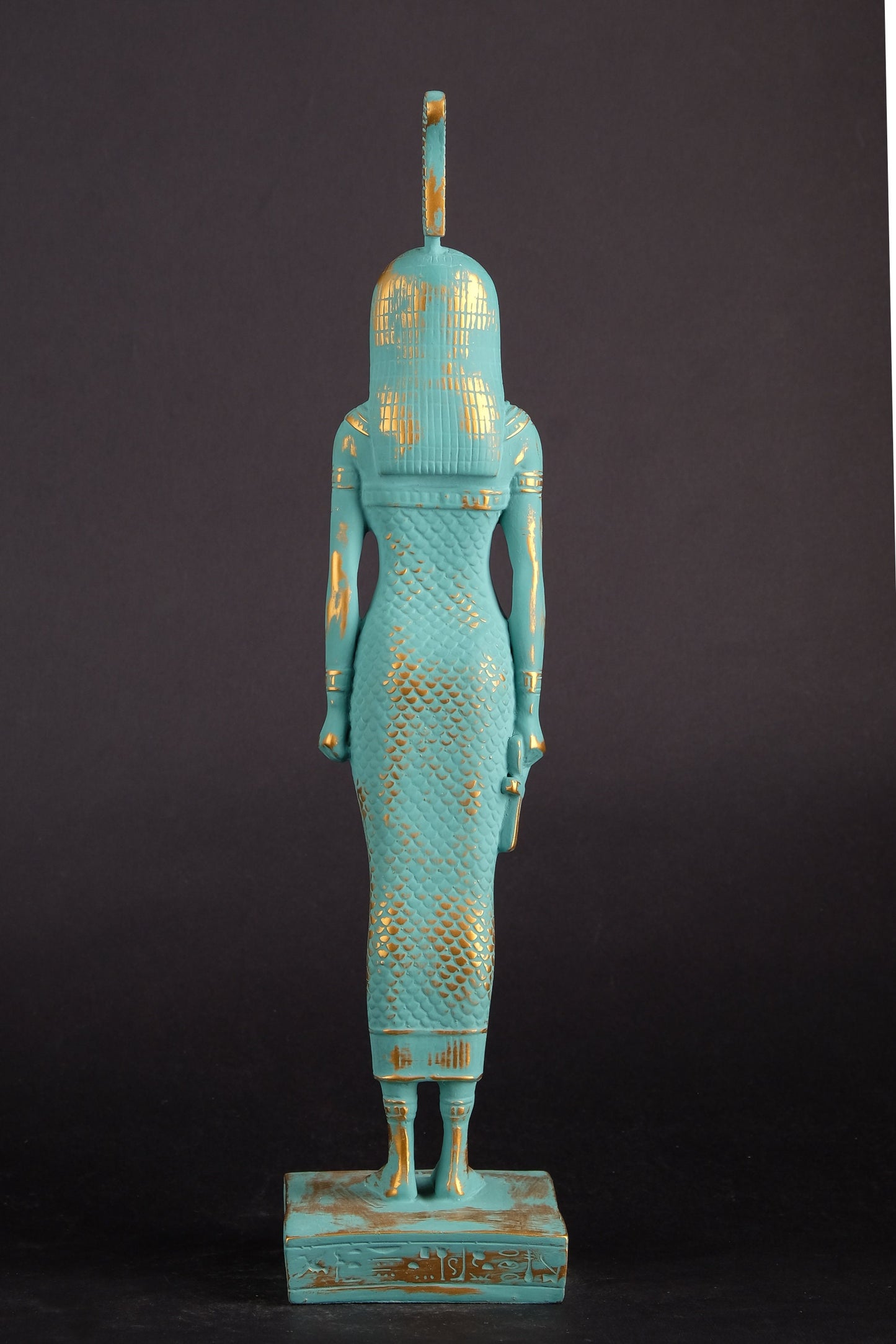 Unique ancient Egyptian statue of Goddess Ma'at with green color and gold antique color made in Egypt