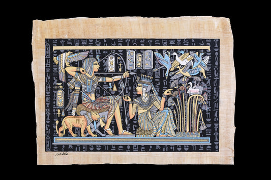 Ancient Egyptian papyrus 30 x 40cm of King Tutankhamun Hunting with Bow accompanied his wife Queen Ankhesenamun Glow in the dark