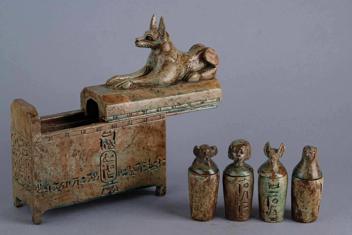 Anubis coffin dog jackal, Box real stone with set Canopic jars Sons of Horus Unique Hieroglyphs Sculpture stone heavy with natural color