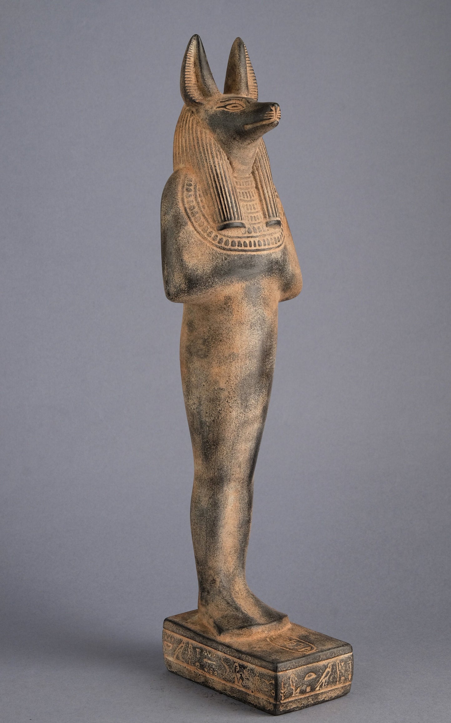 A unique ancient Egyptian statue of Anubis Jackal Symbol  of afterlife and mummification standing in form mummy with Jackel head