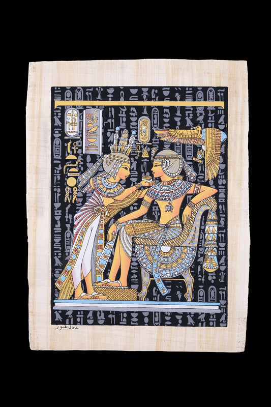 Ancient Egyptian papyrus 30 x 40cm of King Tutankhamun & Queen Ankhesenamun - Queen Ankhesenamun Anointing her Husband with Lotus Oils Glow