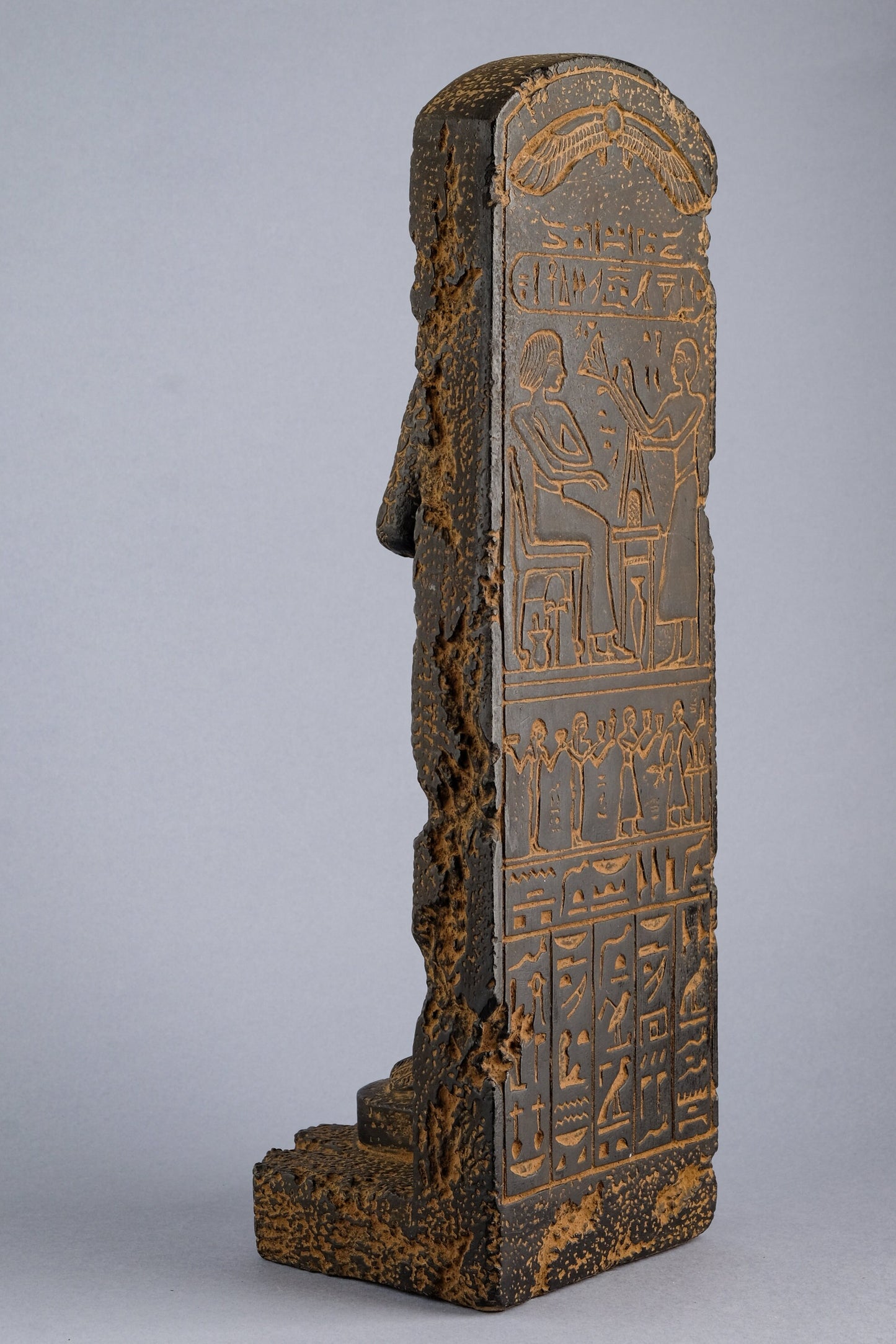 Unique Ancient Egyptian statue of Ptah symbol of Memphis Sculpture relief winged Scarab on top, large inscriptions hieroglyphic