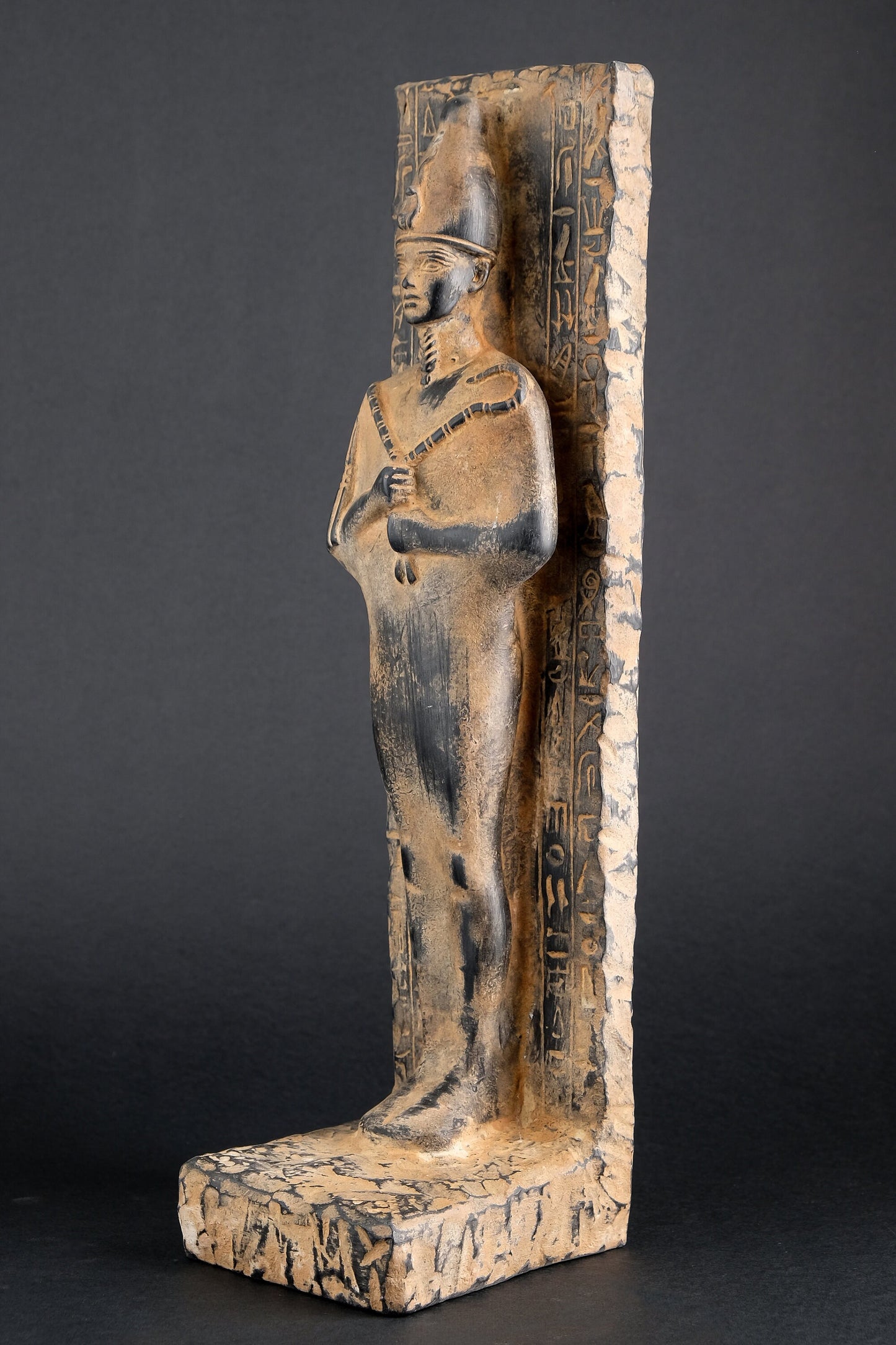 Statue Osiris large stela relief heavy Black stone pharaonic sculpture with inscription Horus made in Egypt