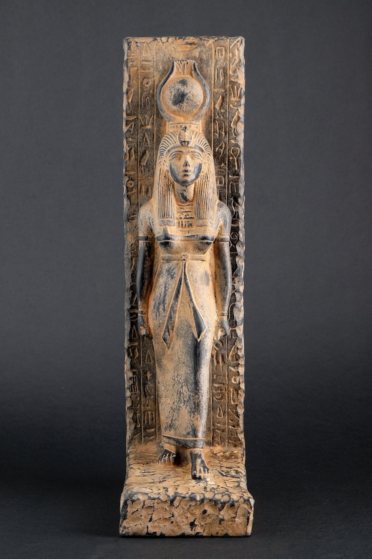 Goddess Isis statue large Stela relief heavy black Sculpture with inscription Horus made in Egypt