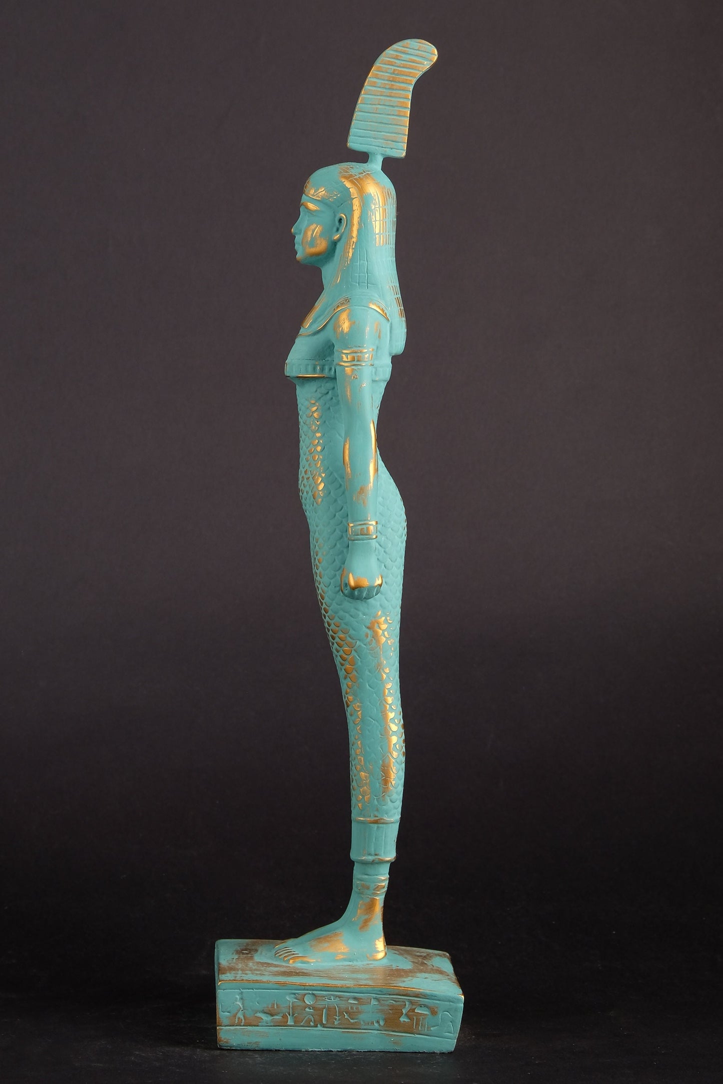 Unique ancient Egyptian statue of Goddess Ma'at with green color and gold antique color made in Egypt