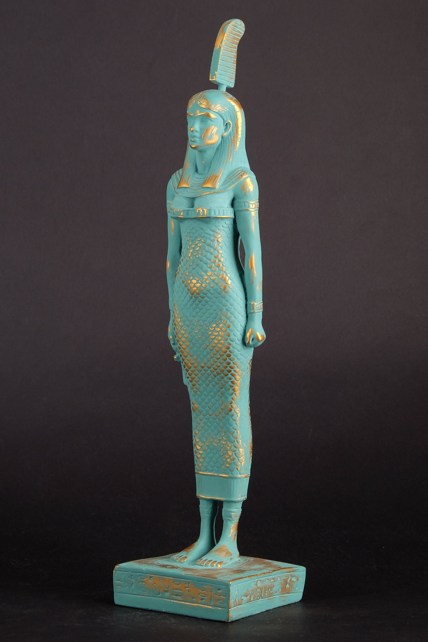 Unique ancient Egyptian statue of Goddess Ma'at with green color and gold antique color made in Egypt