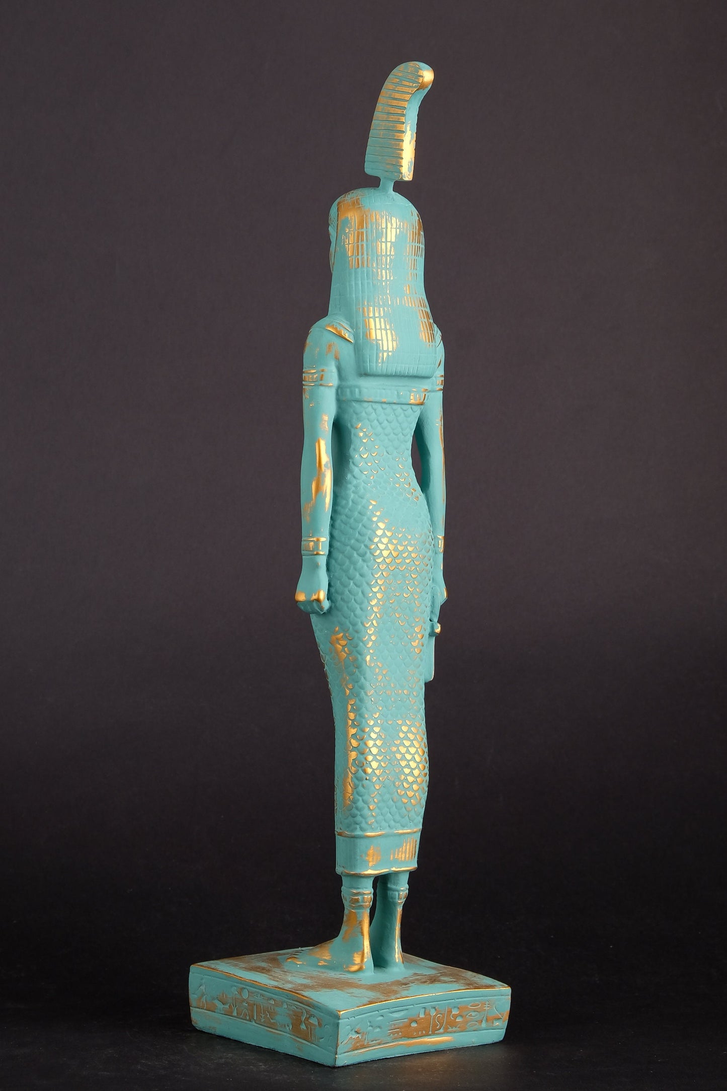 Unique ancient Egyptian statue of Goddess Ma'at with green color and gold antique color made in Egypt