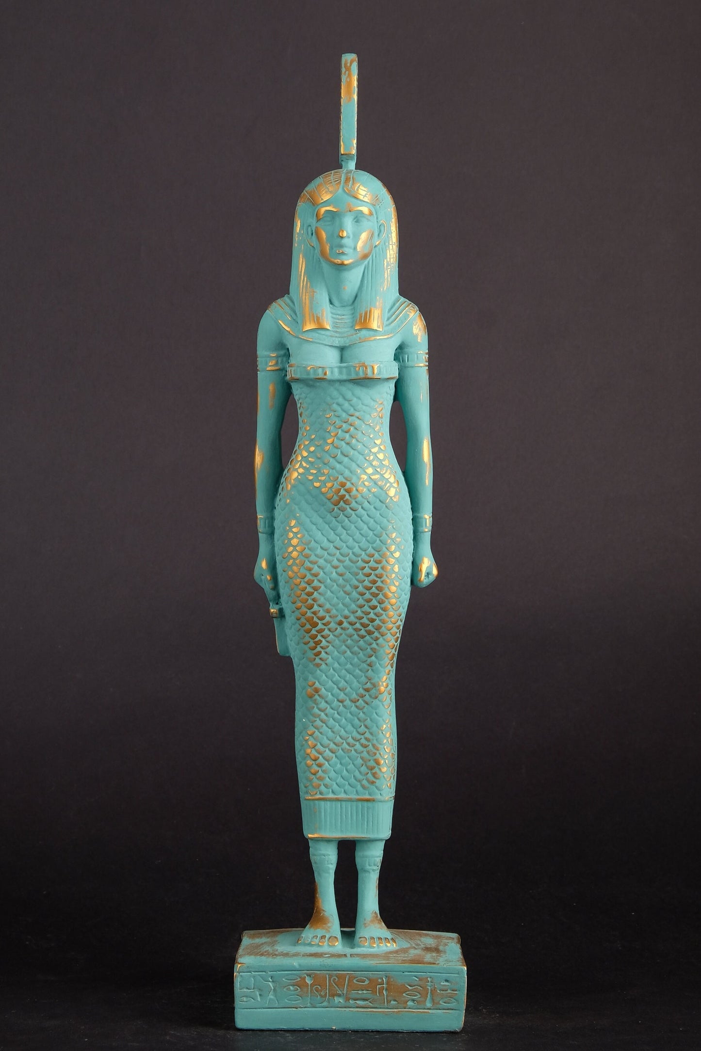 Unique ancient Egyptian statue of Goddess Ma'at with green color and gold antique color made in Egypt