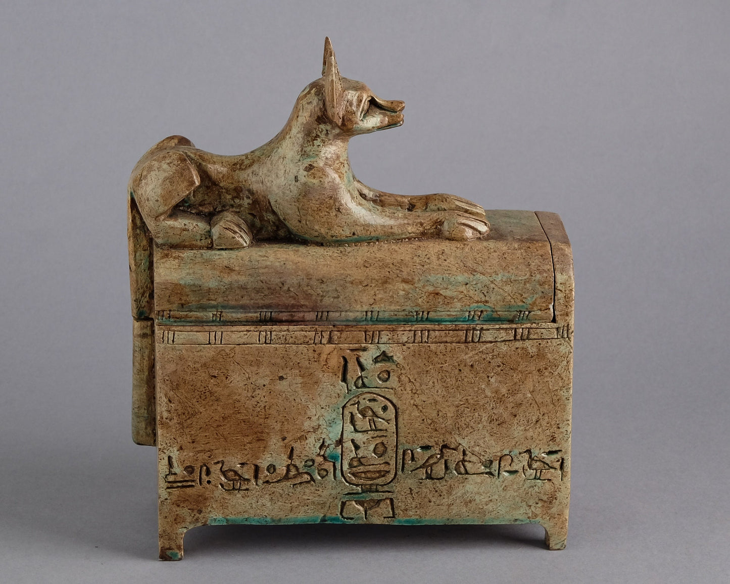 Anubis coffin dog jackal, Box real stone with set Canopic jars Sons of Horus Unique Hieroglyphs Sculpture stone heavy with natural color