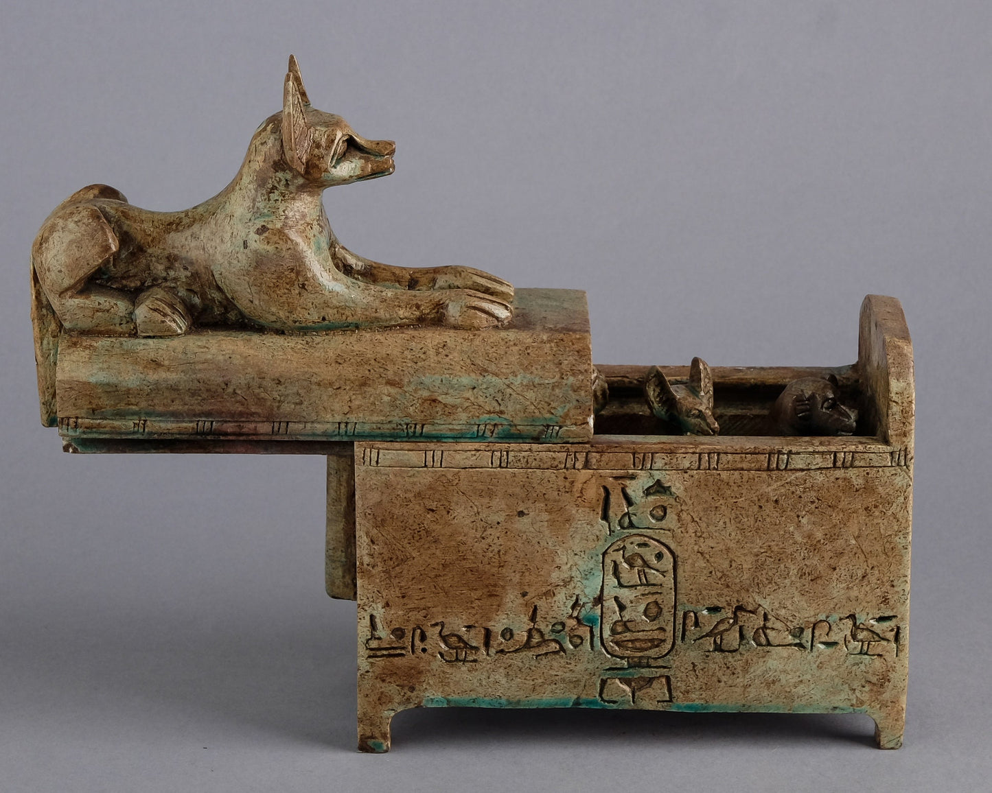 Anubis coffin dog jackal, Box real stone with set Canopic jars Sons of Horus Unique Hieroglyphs Sculpture stone heavy with natural color