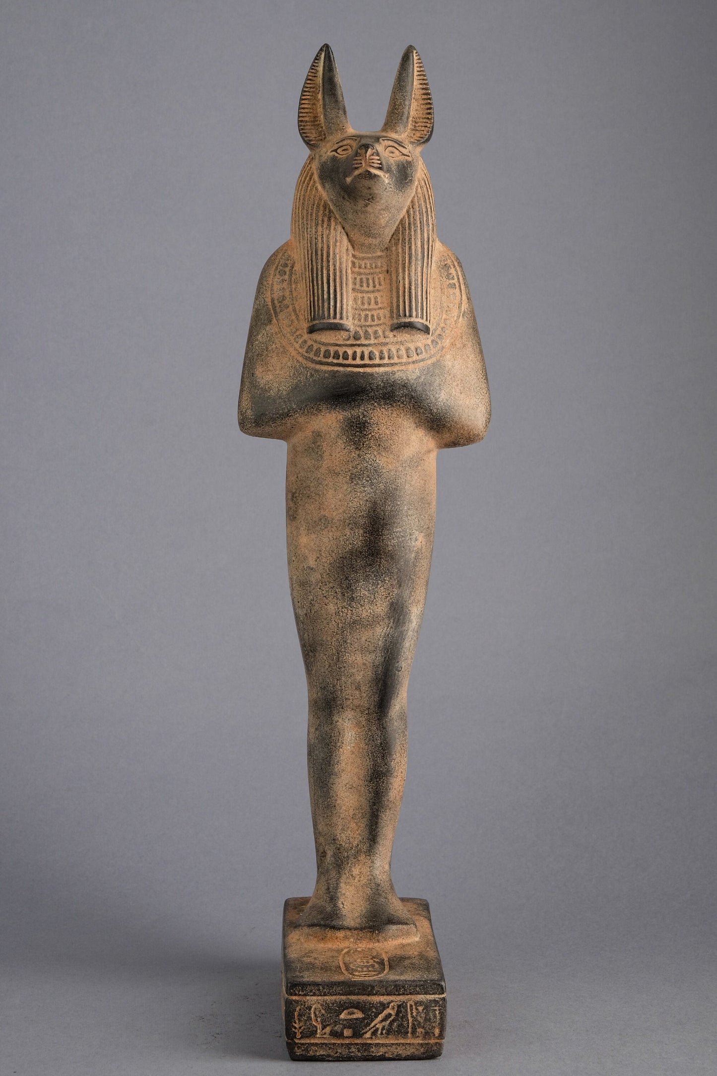 A unique ancient Egyptian statue of Anubis Jackal Symbol  of afterlife and mummification standing in form mummy with Jackel head