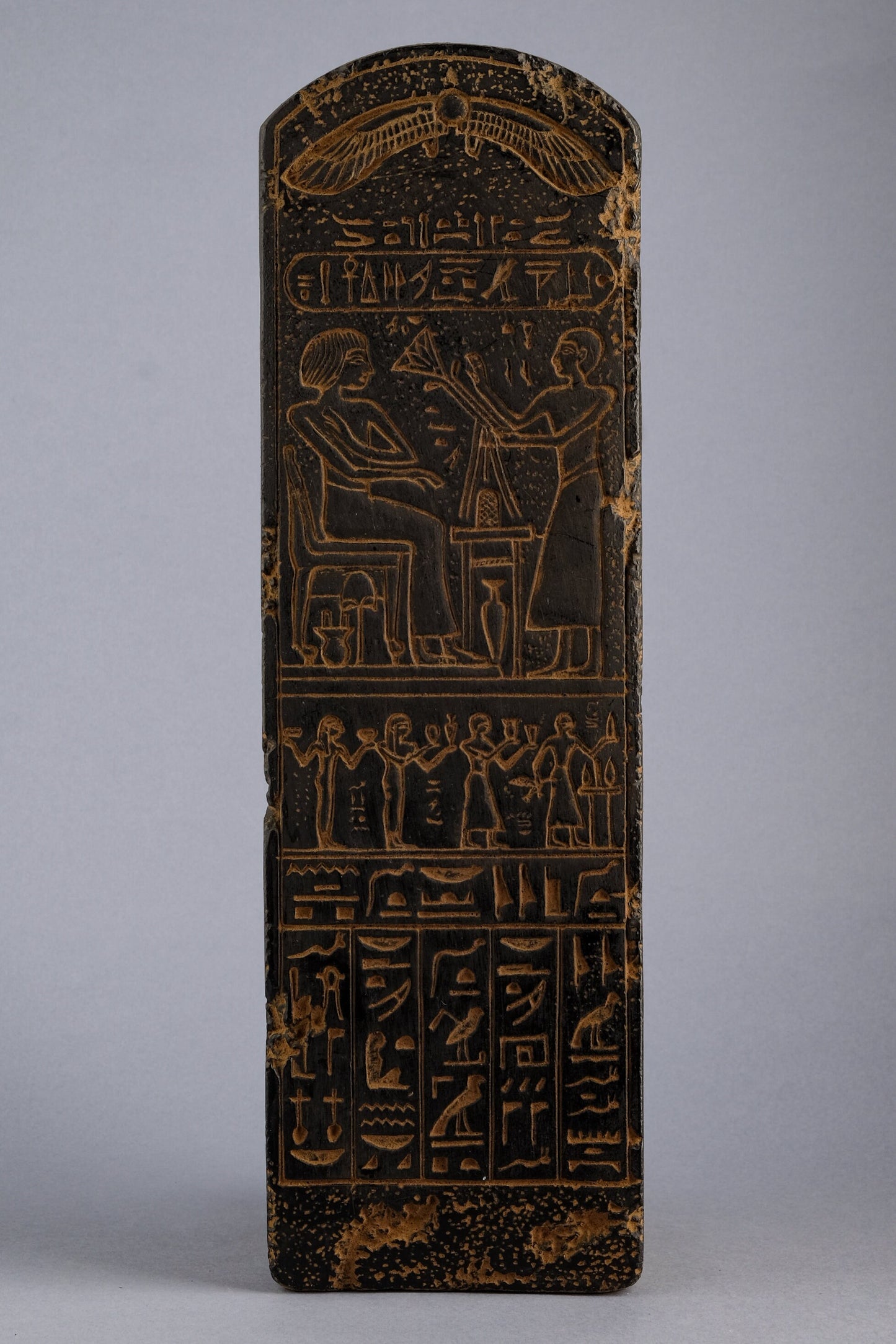 Unique Ancient Egyptian statue of Ptah symbol of Memphis Sculpture relief winged Scarab on top, large inscriptions hieroglyphic