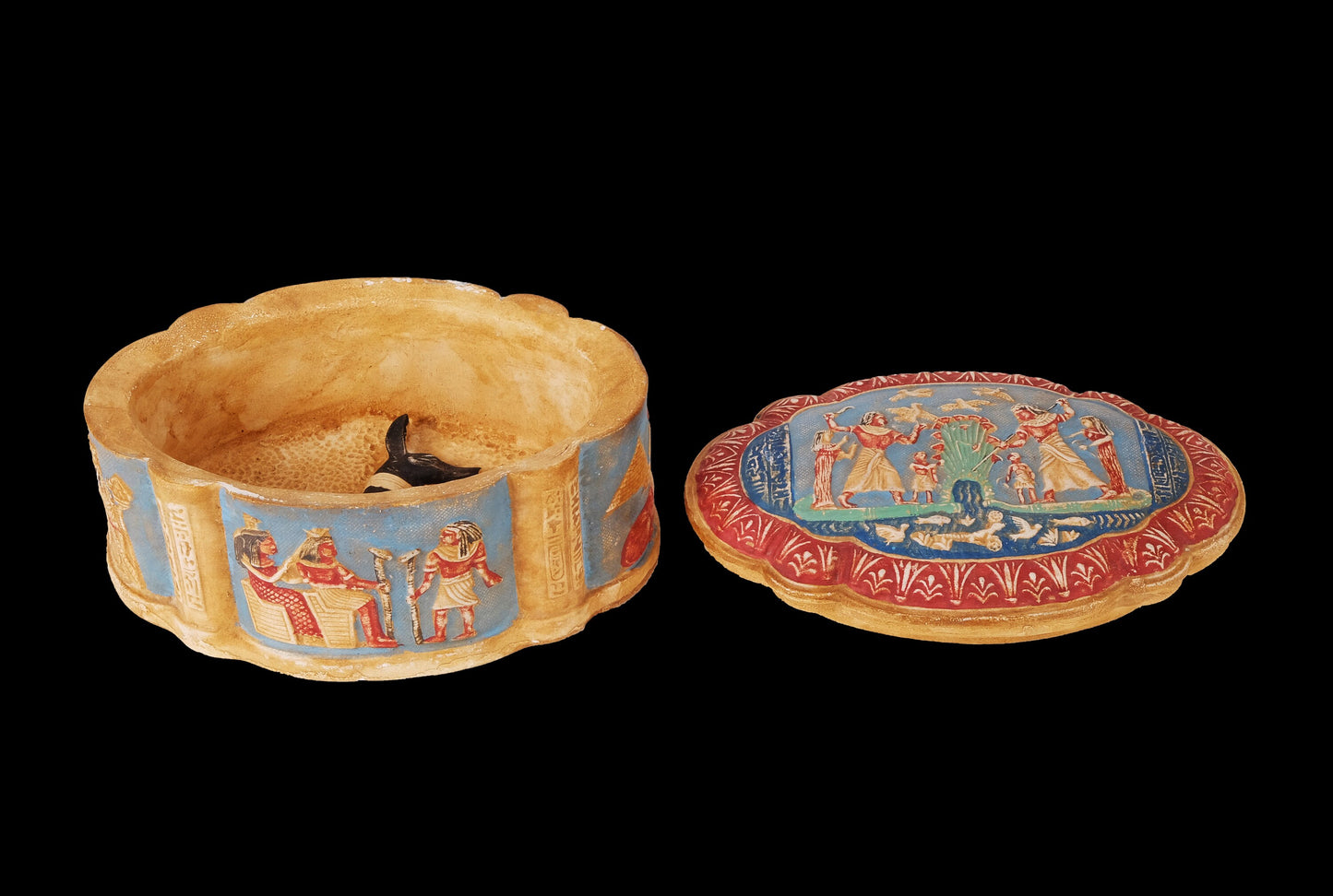 Unique Ancient Egyptian Art Box decorative include Anubis Pharaonic inscriptions Unique hand painted colored limestone made in Egypt