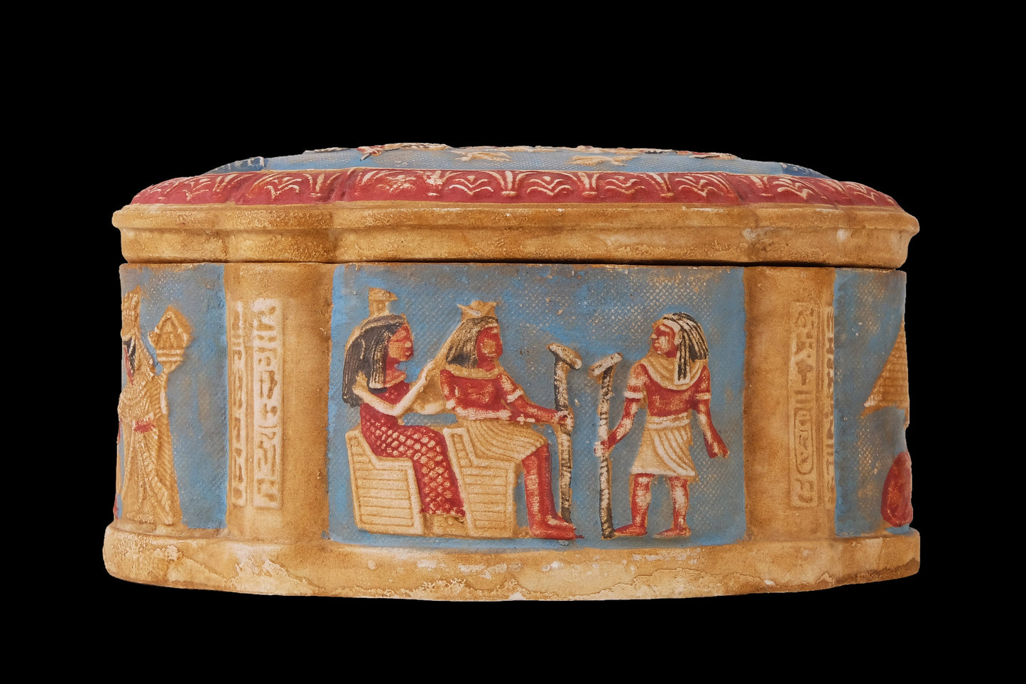 Unique Ancient Egyptian Art Box decorative include Anubis Pharaonic inscriptions Unique hand painted colored limestone made in Egypt