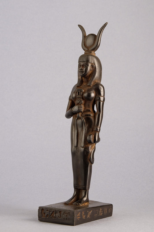 Ancient Egyptian statue of goddess Isis holding a Sistrum black stone unique ancient Egypt altar made in Egypt