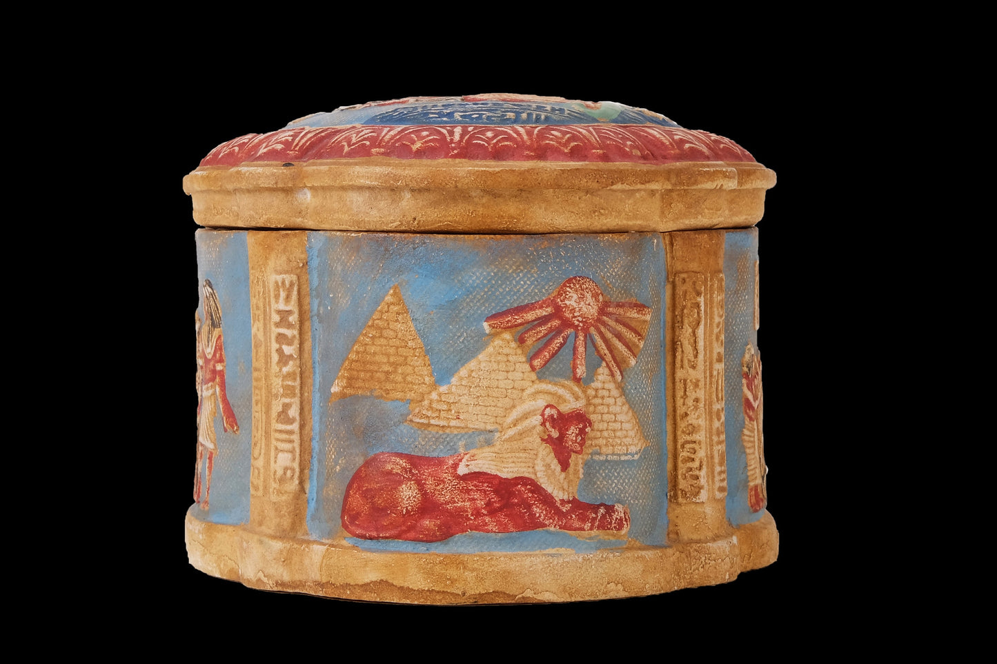 Unique Ancient Egyptian Art Box decorative include Anubis Pharaonic inscriptions Unique hand painted colored limestone made in Egypt