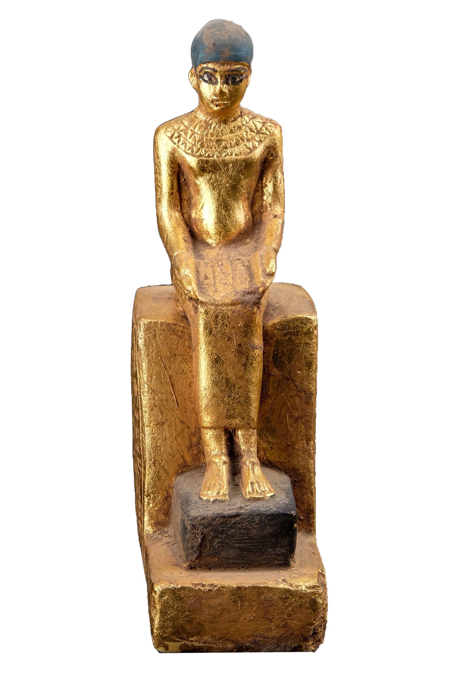 Statue of Egyptian Art seated statue of Imhotep holding an open papyrus scroll heavy stone gold leaf hand painted made in Egypt