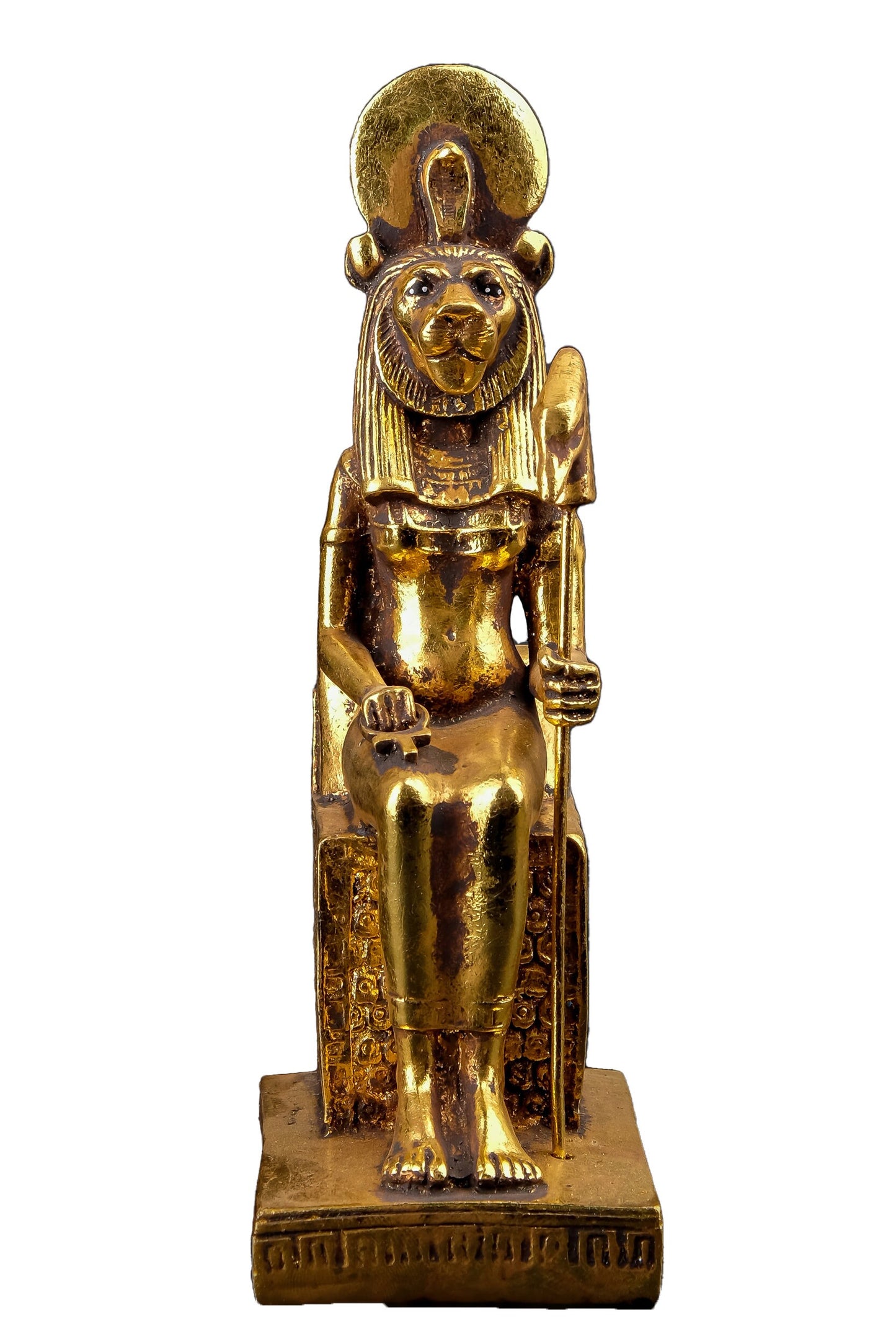 Ancient Egyptian statue of Sekhmet, symbol of war seated unique gold leaf hand painted made in Egypt