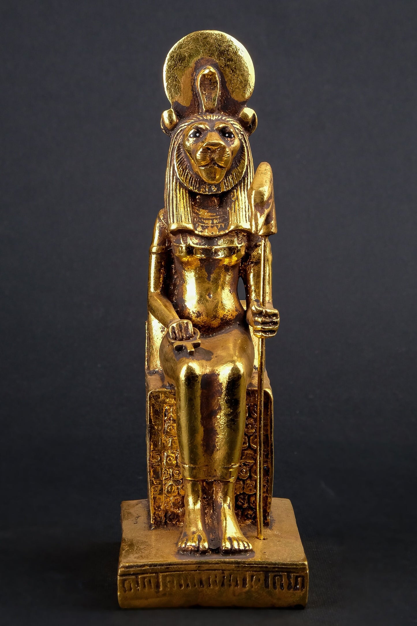 Ancient Egyptian statue of Sekhmet, symbol of war seated unique gold leaf hand painted made in Egypt