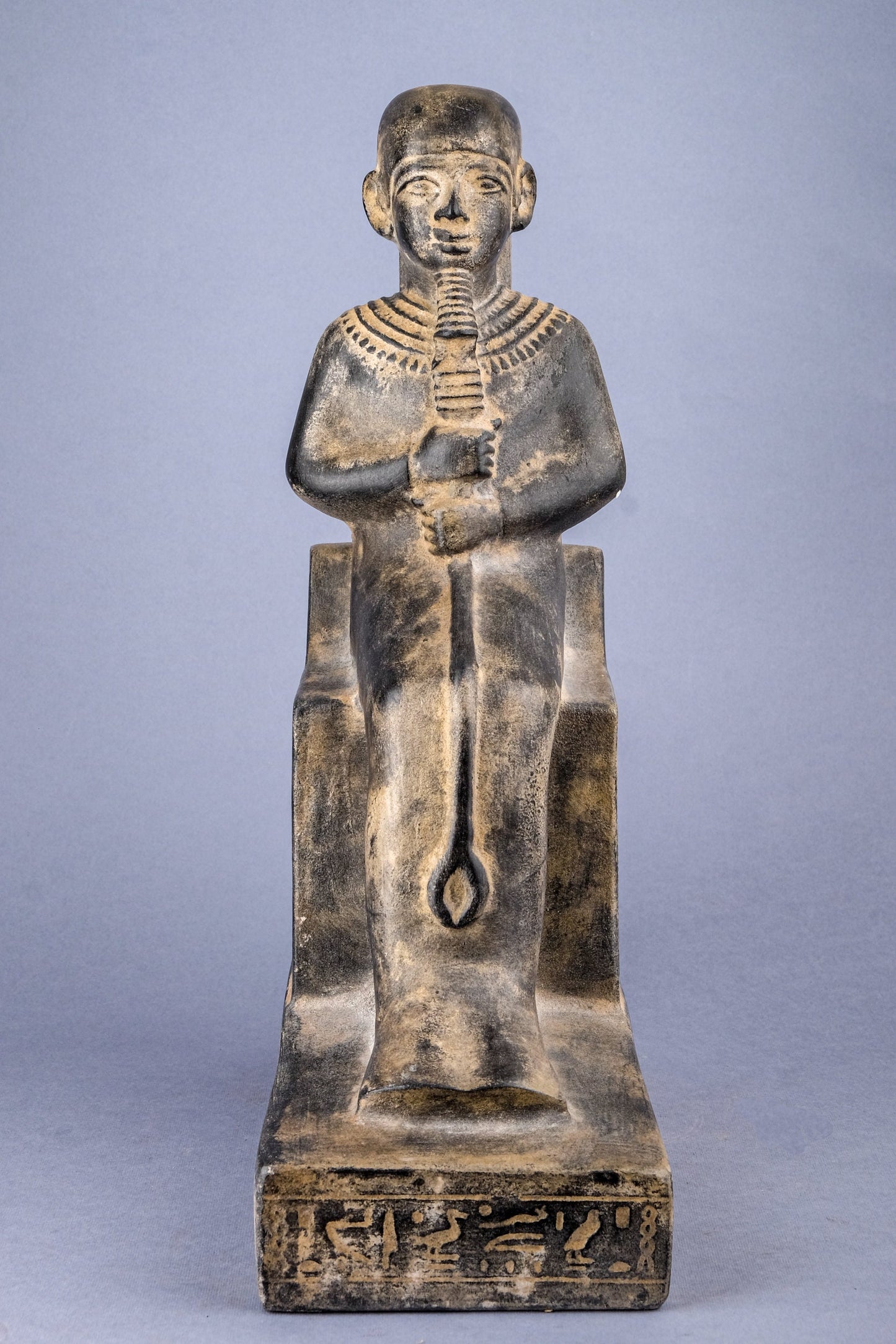 Unique Ancient Egyptian seated statue of Ptah god of Memphis and craftsmen lord of truth, unique large heavy black stone made in Egypt