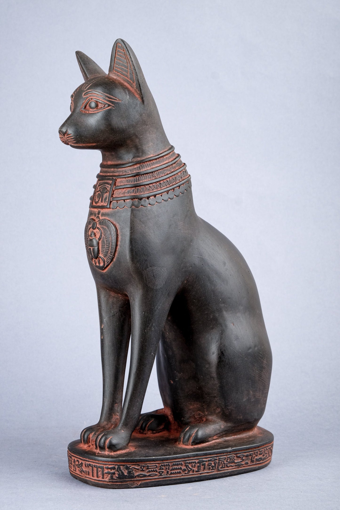 Unique Egyptian statue goddess cat Bastet black stone Sculpture with front scarab, eye of Horus made in Egypt