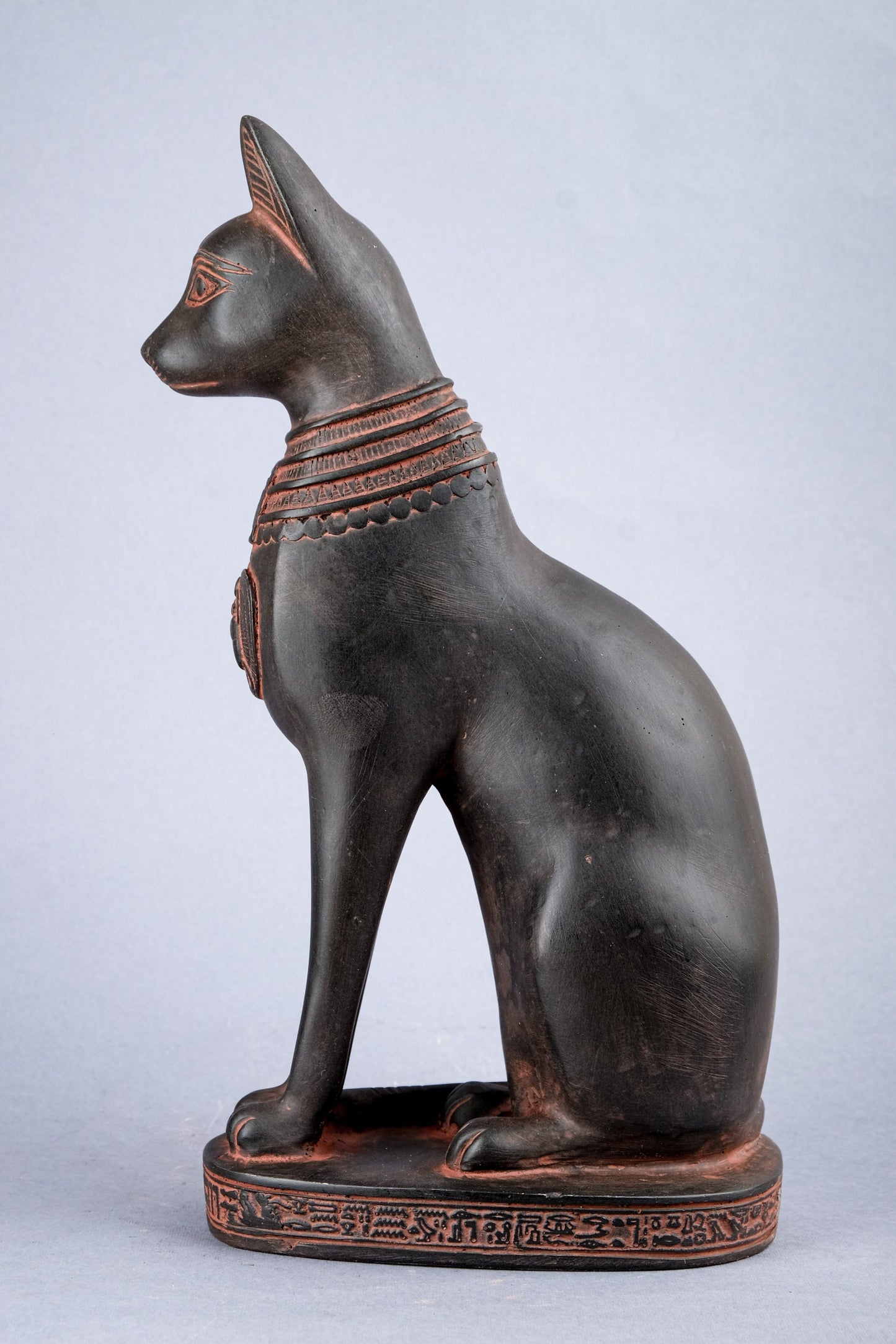 Unique Egyptian statue goddess cat Bastet black stone Sculpture with front scarab, eye of Horus made in Egypt