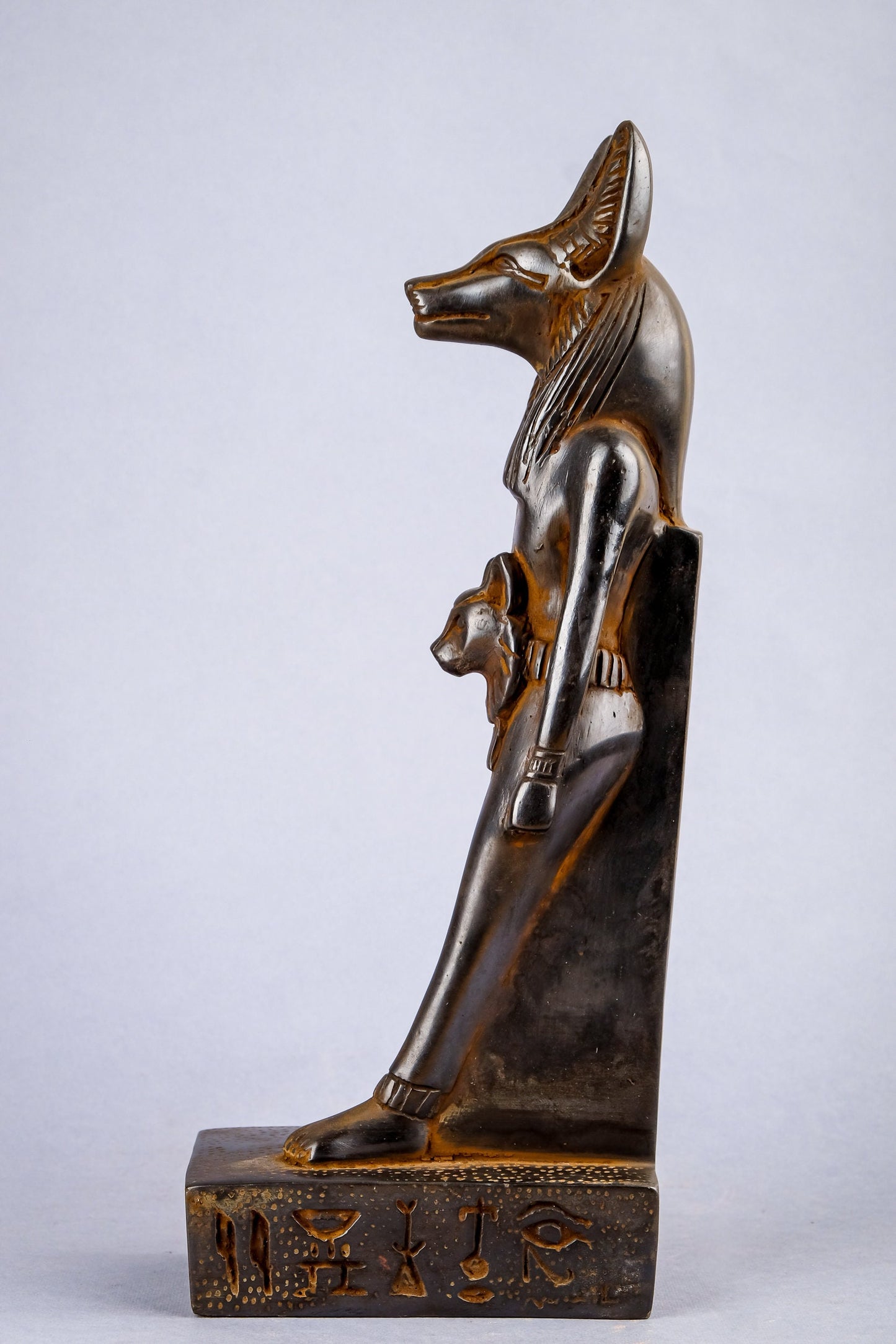 A unique ancient Egyptian statue of Anubis Jackal God of afterlife and mummification, with front a head of Sekhmet unique - made in Egypt