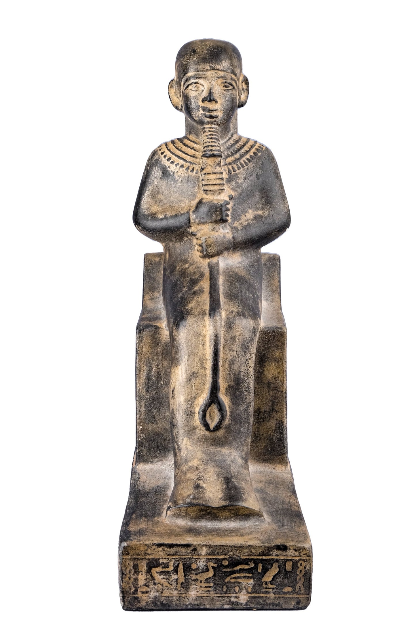 Unique Ancient Egyptian seated statue of Ptah god of Memphis and craftsmen lord of truth, unique large heavy black stone made in Egypt