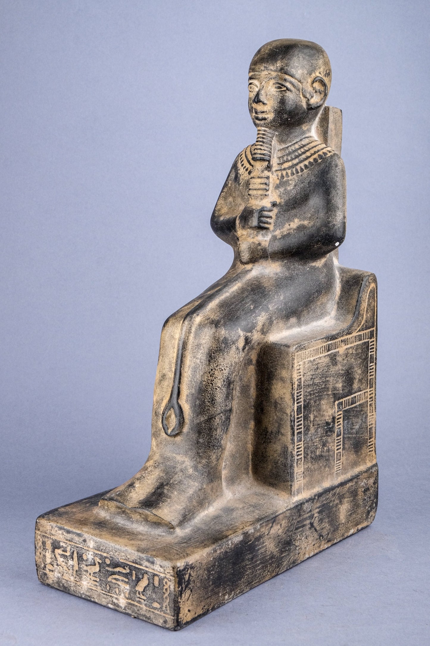 Unique Ancient Egyptian seated statue of Ptah god of Memphis and craftsmen lord of truth, unique large heavy black stone made in Egypt