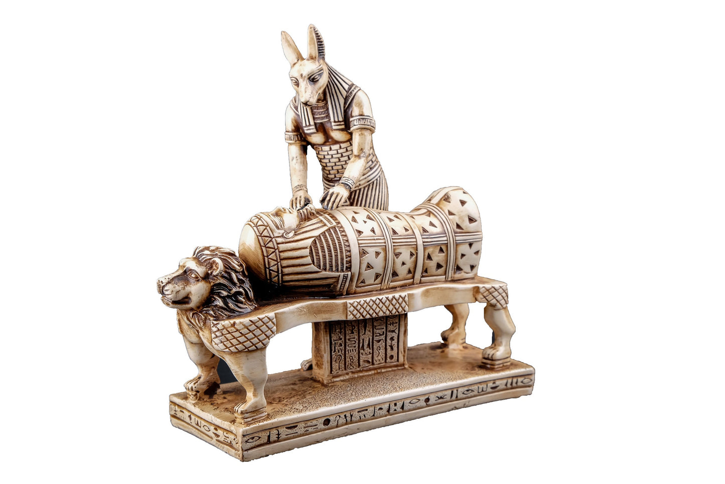 Egyptian god of afterlife Anubis mummify king Tutankhamun. God of underworld, king Tutankhamun Polystone made in Egypt