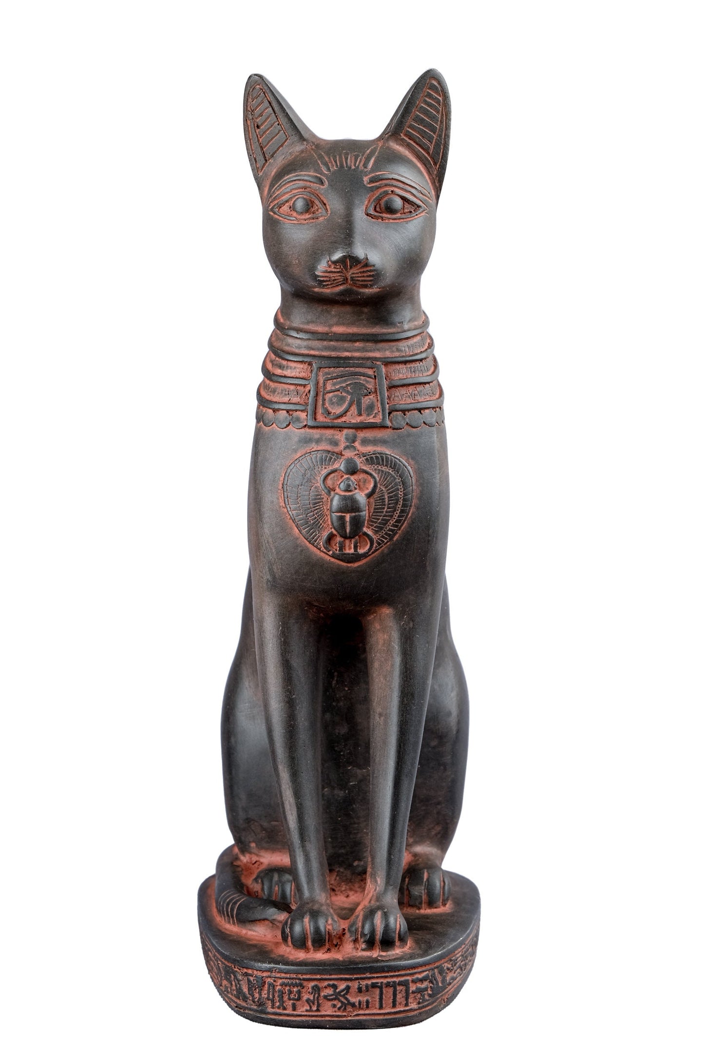 Unique Egyptian statue goddess cat Bastet black stone Sculpture with front scarab, eye of Horus made in Egypt