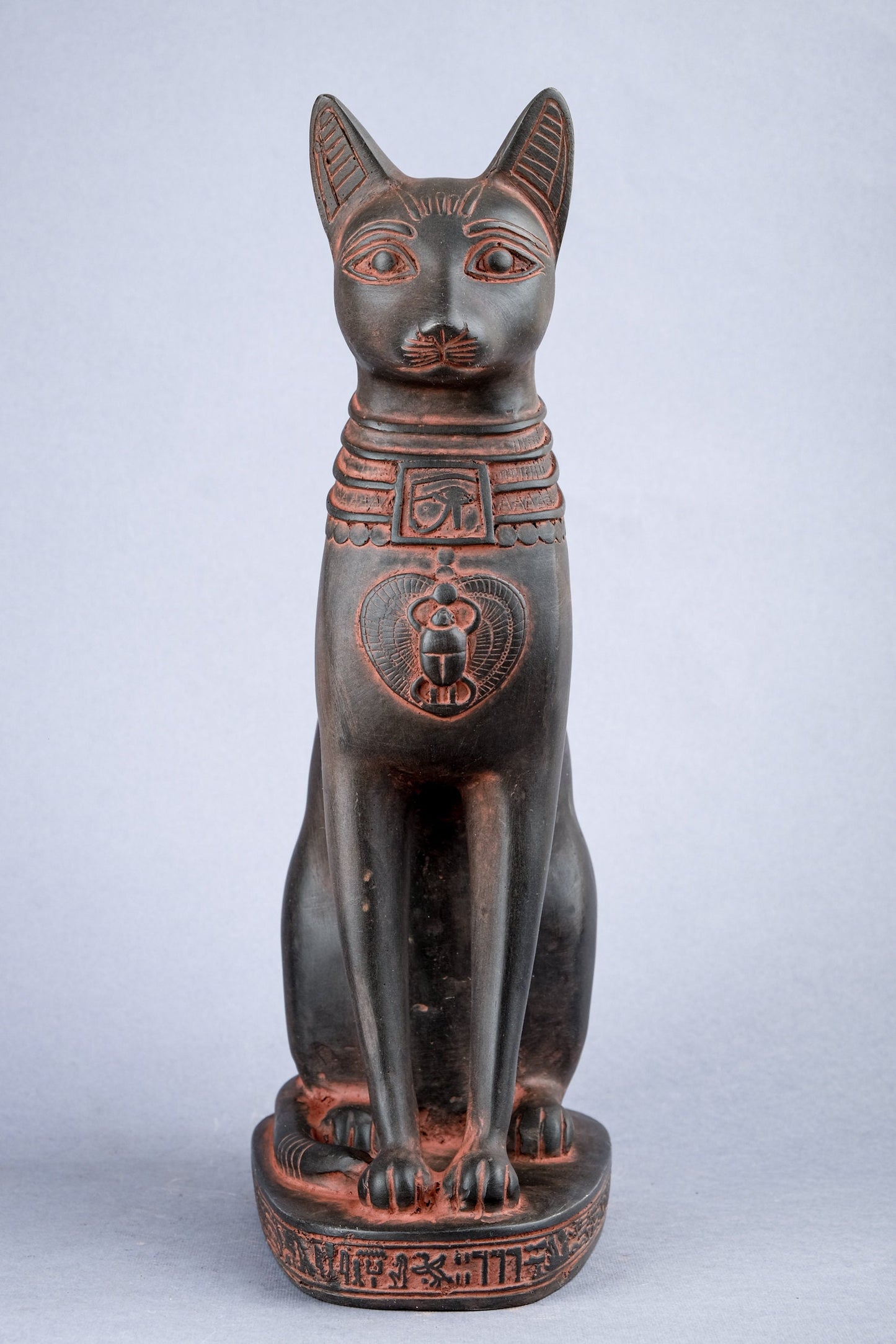 Unique Egyptian statue goddess cat Bastet black stone Sculpture with front scarab, eye of Horus made in Egypt