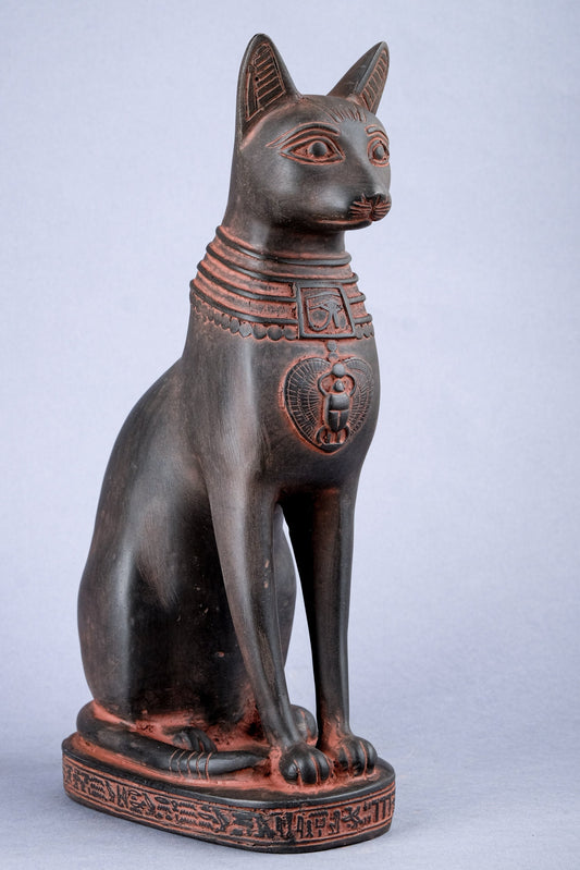 Unique Egyptian statue goddess cat Bastet black stone Sculpture with front scarab, eye of Horus made in Egypt