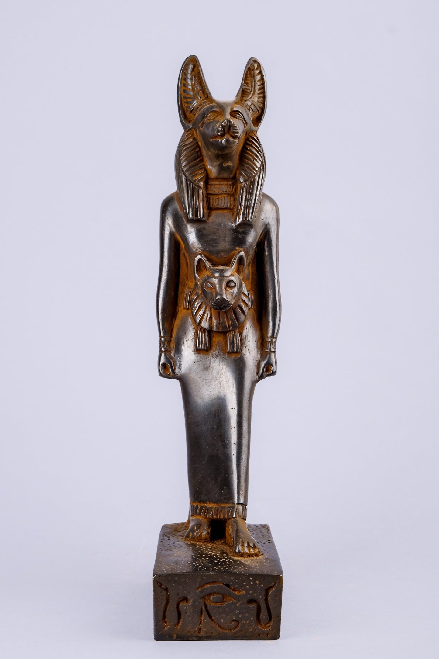 A unique ancient Egyptian statue of Anubis Jackal God of afterlife and mummification, with front a head of Sekhmet unique - made in Egypt