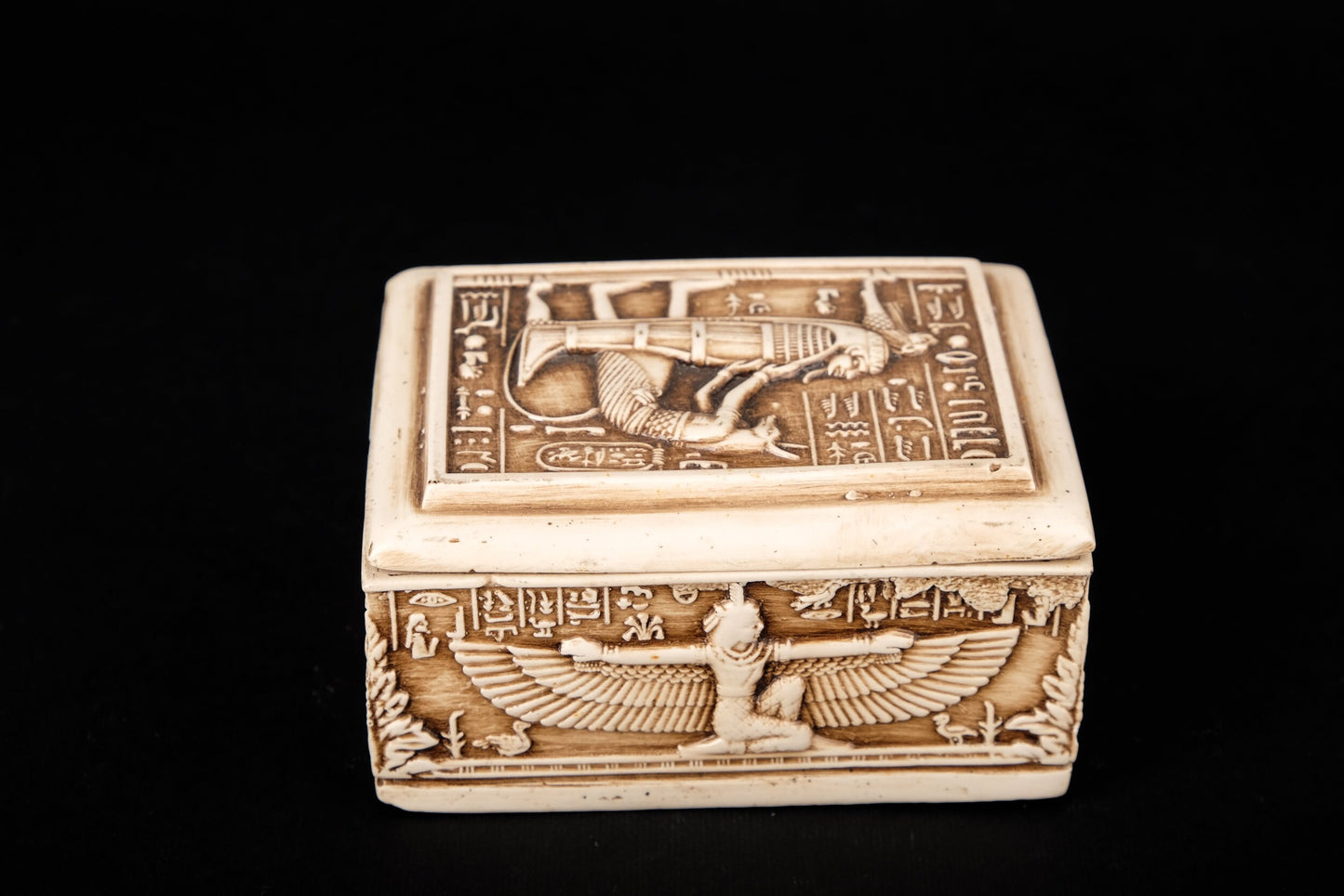 Unique Ancient Egyptian Art Box decorated  Anubis mummify king Tutankhamun, pharaonic inscriptions Scarab - made in Egypt