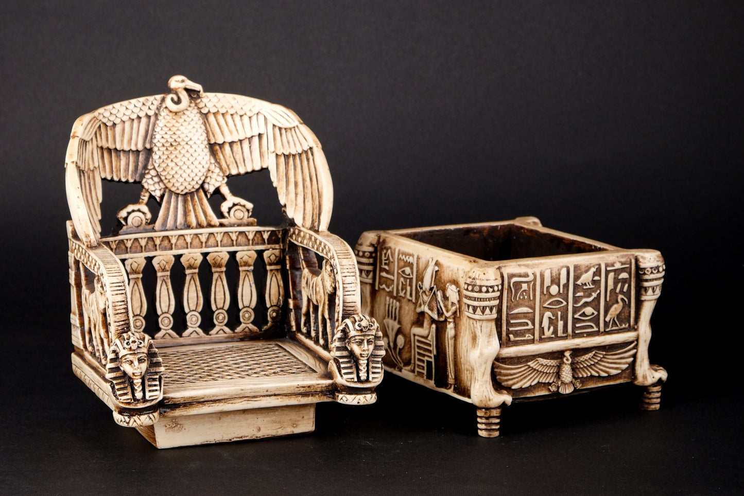 Replica King Tutankhamun Throne as a jewelry box with the Egyptian decoration made in Egypt