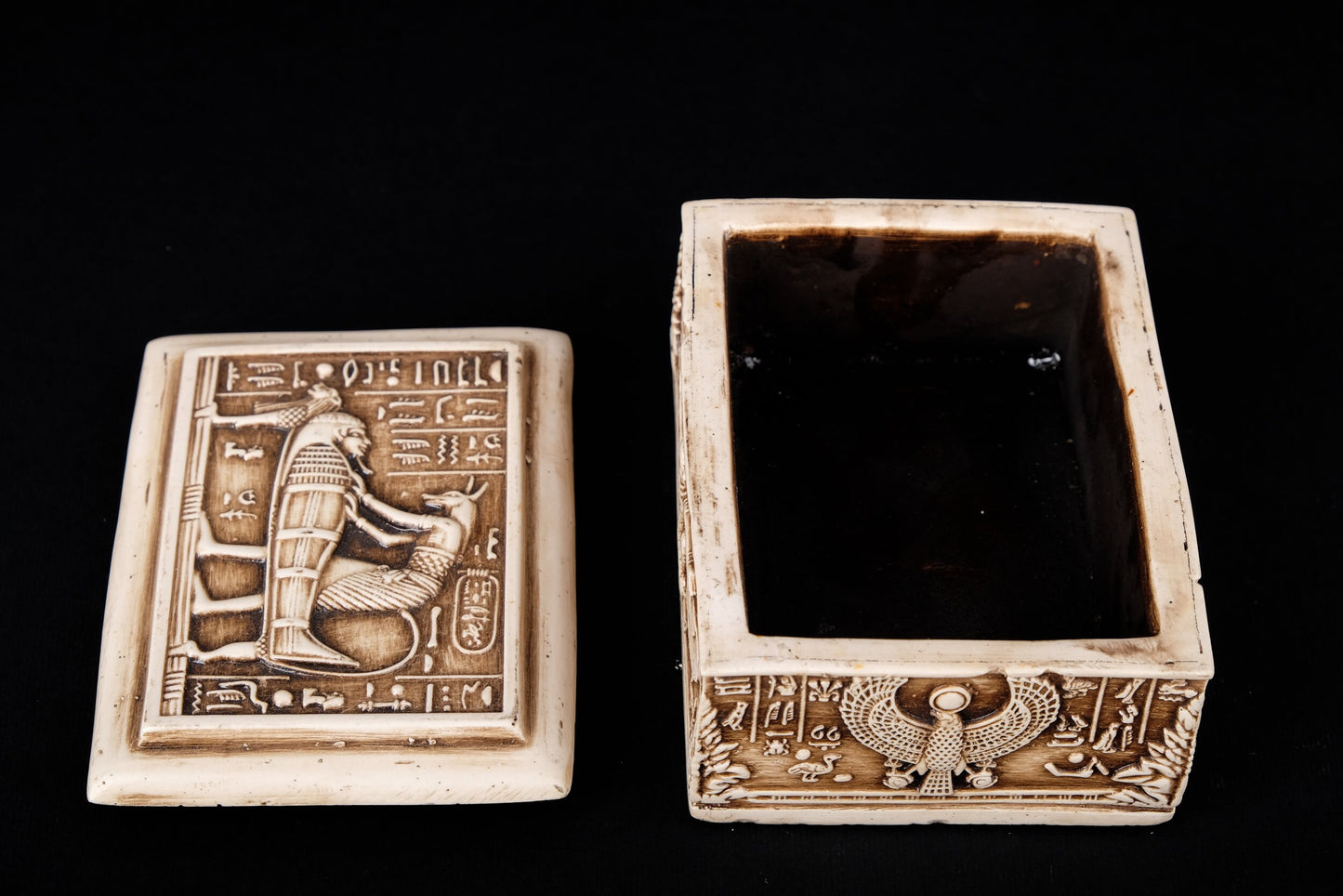 Unique Ancient Egyptian Art Box decorated  Anubis mummify king Tutankhamun, pharaonic inscriptions Scarab - made in Egypt