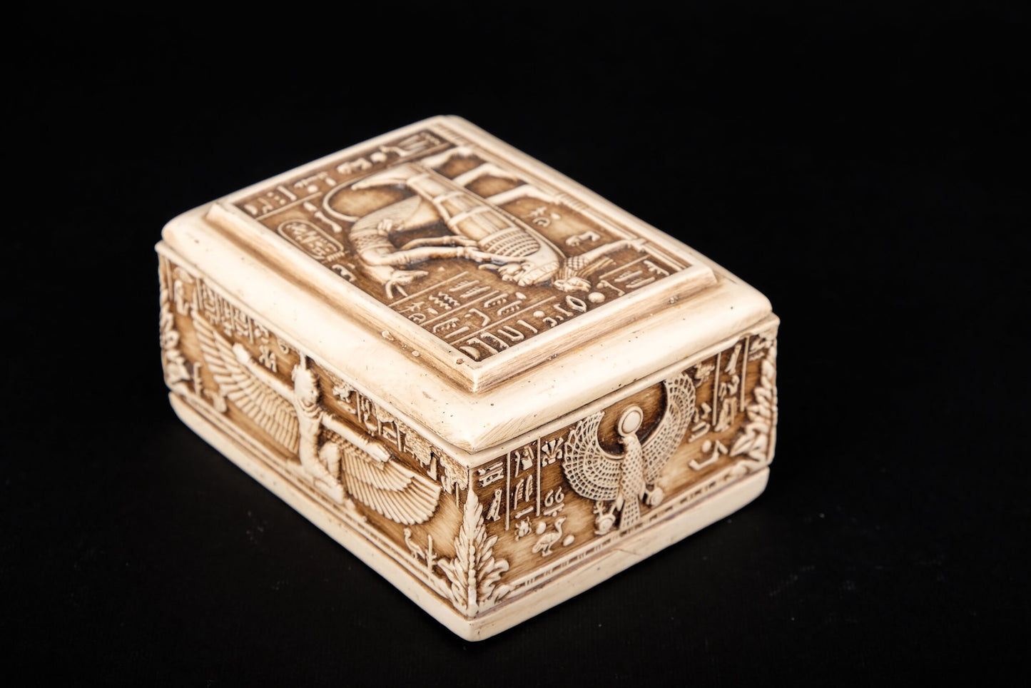 Unique Ancient Egyptian Art Box decorated  Anubis mummify king Tutankhamun, pharaonic inscriptions Scarab - made in Egypt