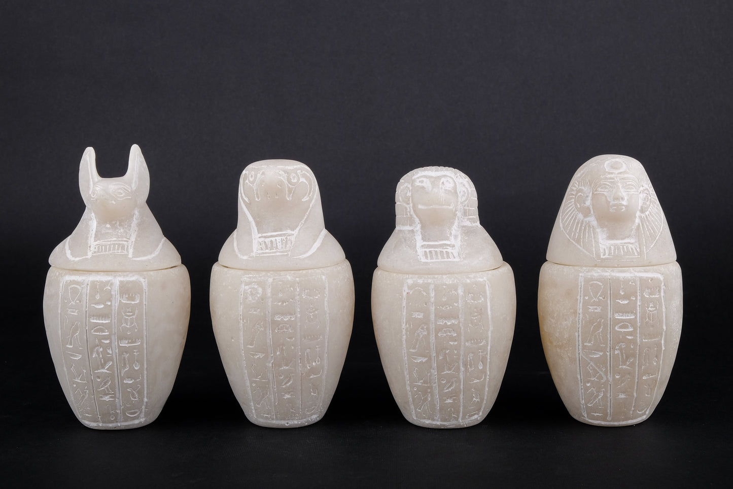 Canopic jars Sons of Horus sculpture Set four Egyptian Art Alabaster stone made in Egypt