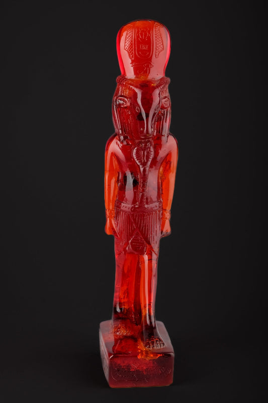 Statue Montu god of War lord of Medamud, depicted with a bull’s head. Amber Dust made in Egypt