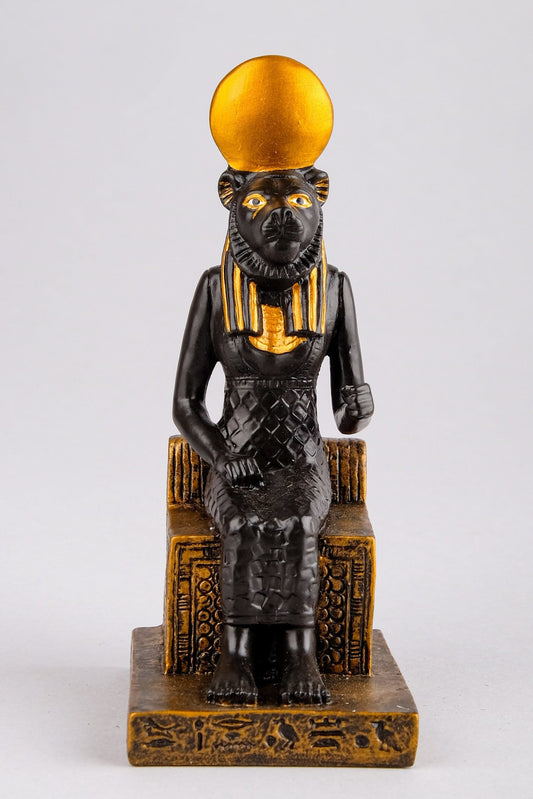 Ancient Egyptian small statue of Sekhmet,goddess of war seated, unique black and bronze color made in Egypt