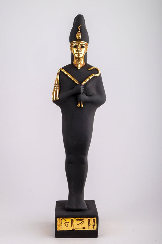 Statue god Osiris lord of the dead Black unique gold leaf hand painted made in Egypt. The first one associated with a mummy wrap.