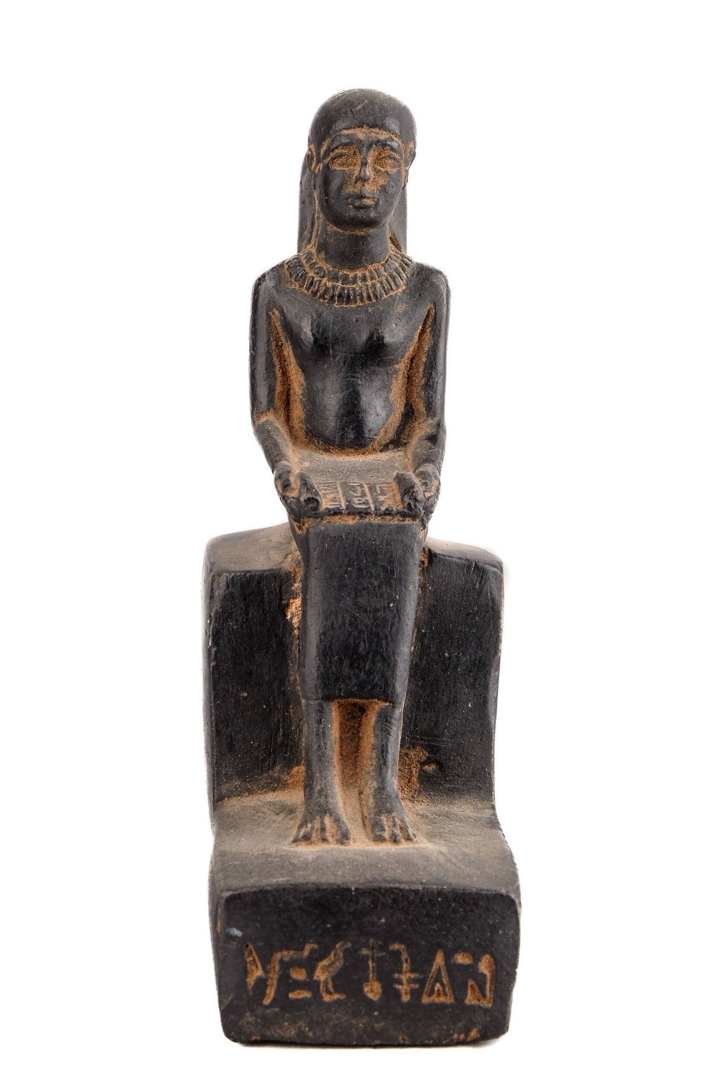 Statue of Egyptian Art seated statue of Imhotep holding an open papyrus scroll heavy black stone made in Egypt.