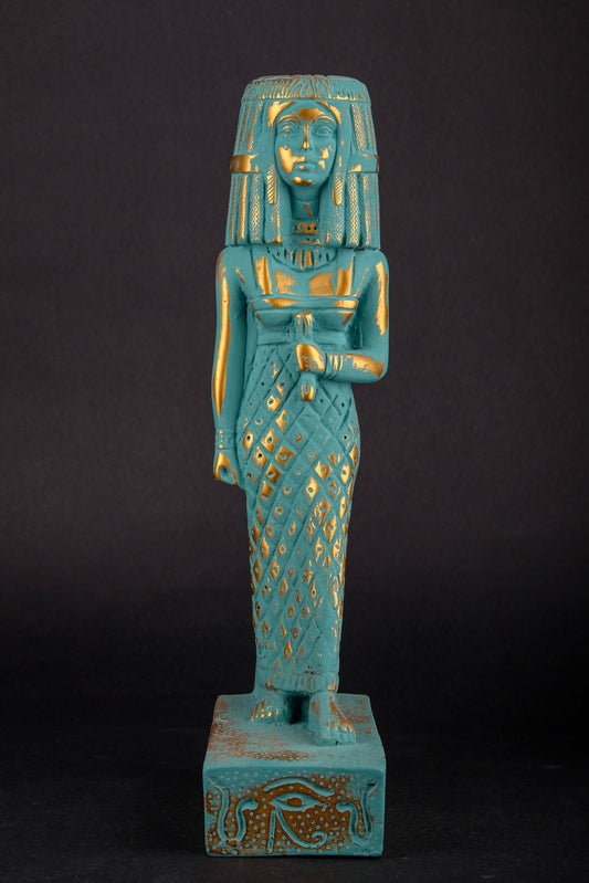 Ancient Egyptian statue of Tiye also spelled (Taia, Tye) Heavy stone hand painted with green color and gold antique color made in Egypt