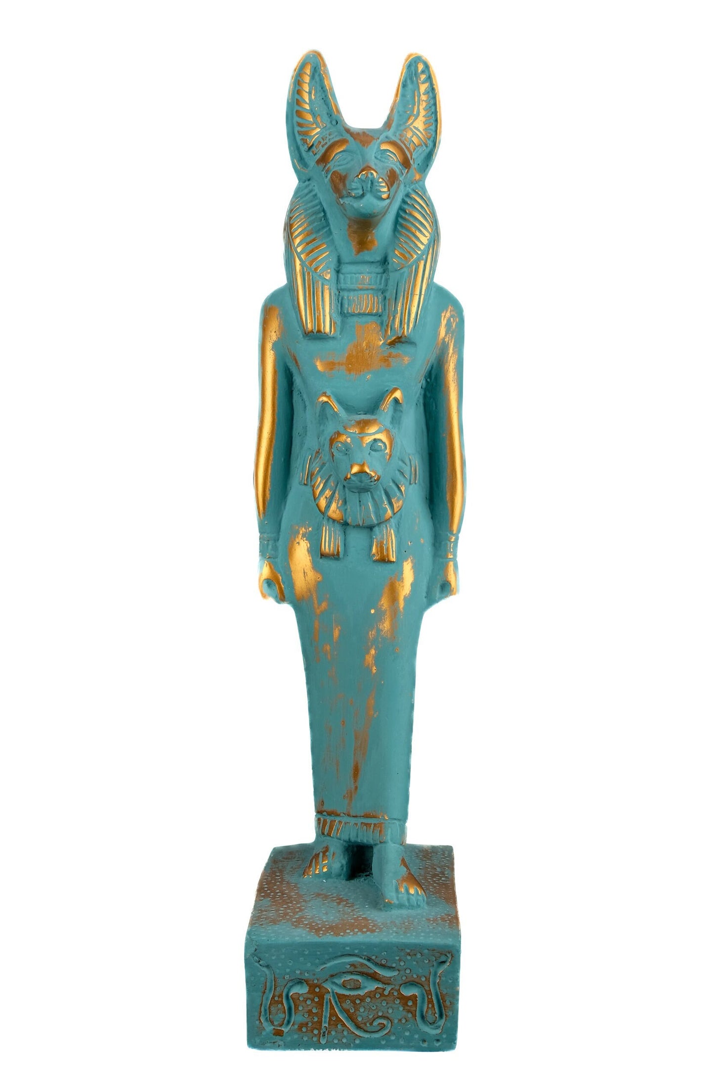 Ancient Egyptian statue of Anubis Jackal symbol of afterlife and mummification, with front a head of Sekhmet  green goldish color