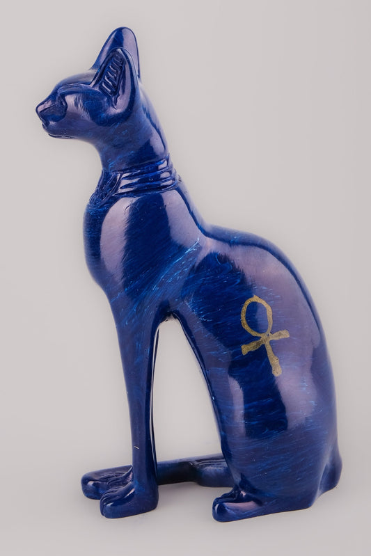 Hand-carved Bastet goddess statue - home decor cat - pharaonic Cat- Egyptian Blue Bastet